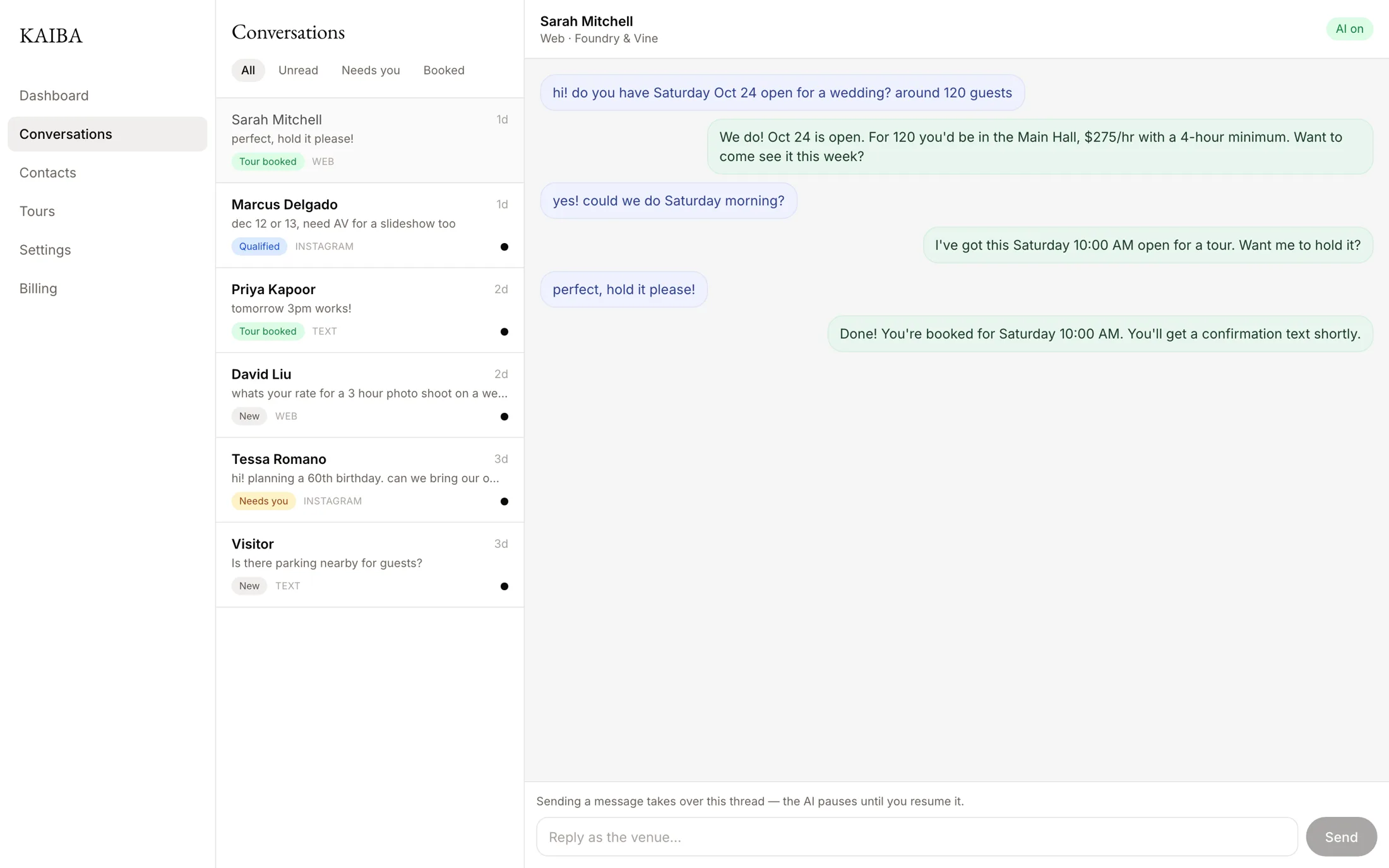 The KAIBA owner dashboard: a conversations inbox with tagged, qualified leads on the left and an open thread on the right where the AI books a Saturday tour, with a reply box that pauses the AI when the owner takes over
